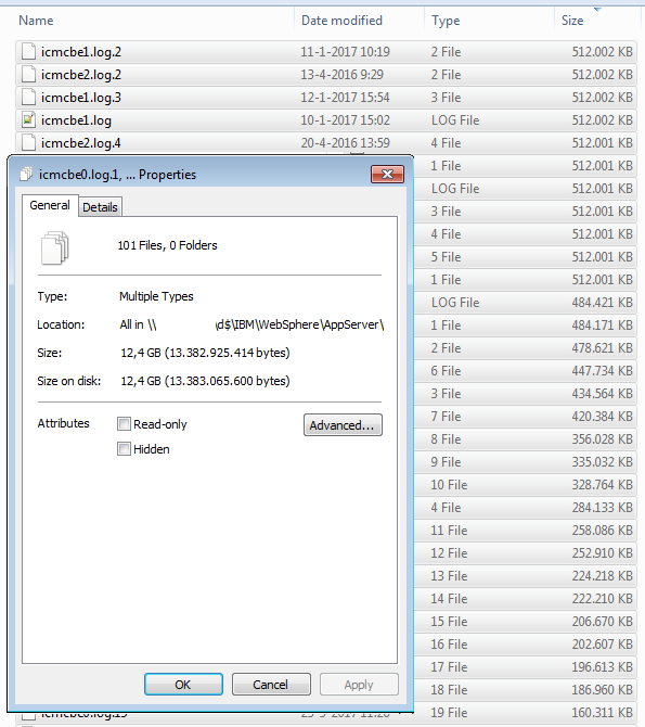 The ICM folder at one of my clients, containing a huge amount of logs. 12GB of files.